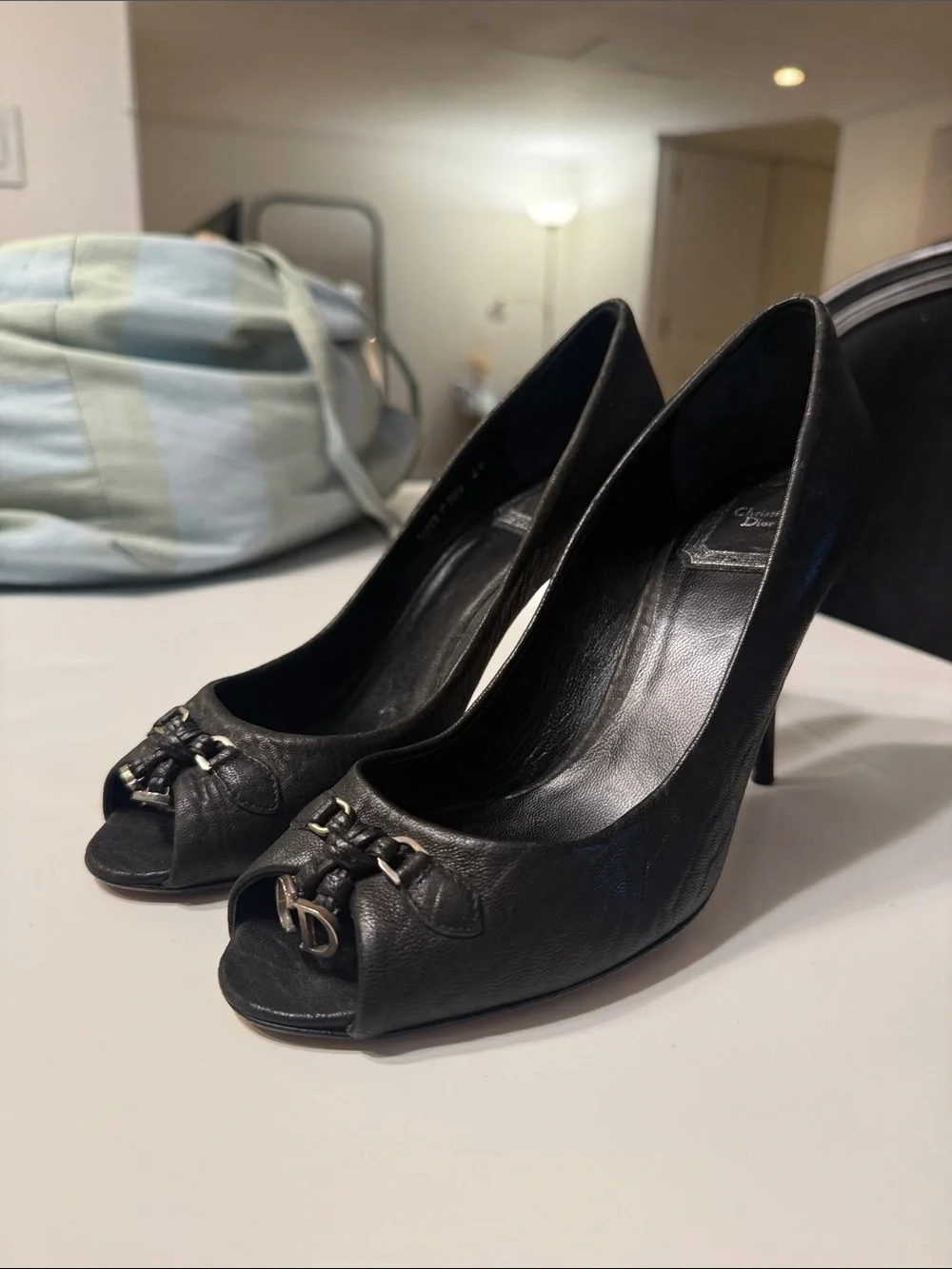 Dior Black Leather Peep-Toe Pumps with CD Hardware